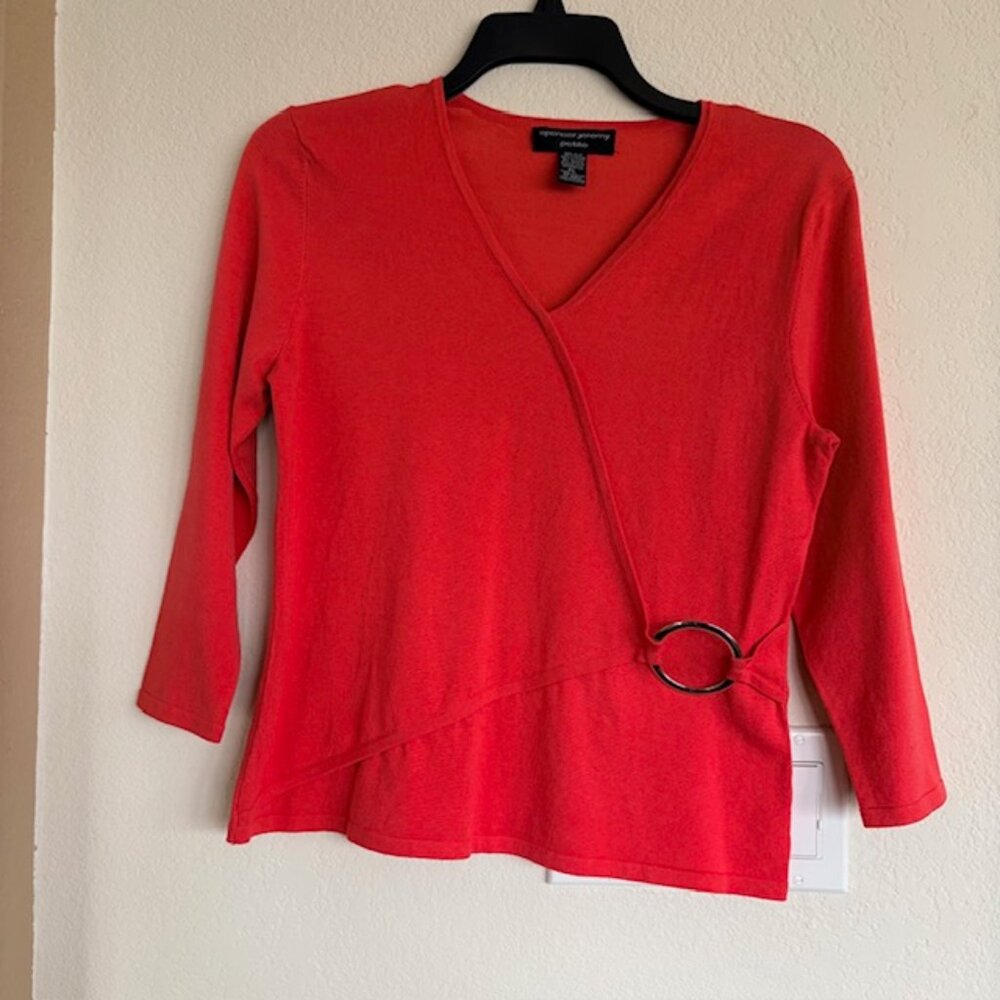 Spenser Jeremy Petite Large Coral Surplice Silver Accent 3/4 Sleeves Womens